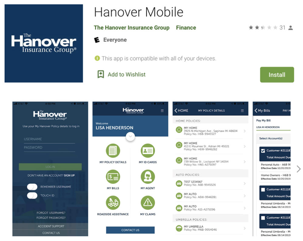 Hanover Auto Insurance Mobile App in Google Play