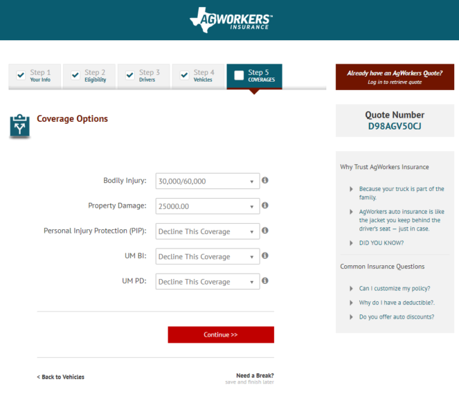 AgWorkers Auto Insurance Website Online Quote, Step 5 Coverages