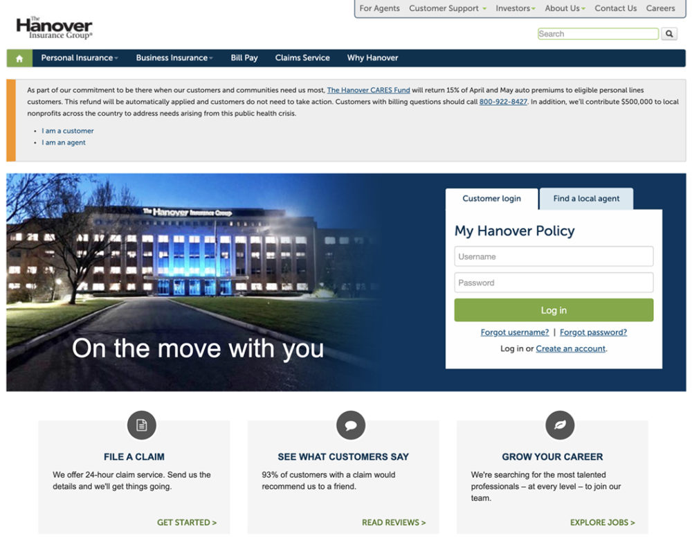 Hanover Auto Insurance Website Homepage