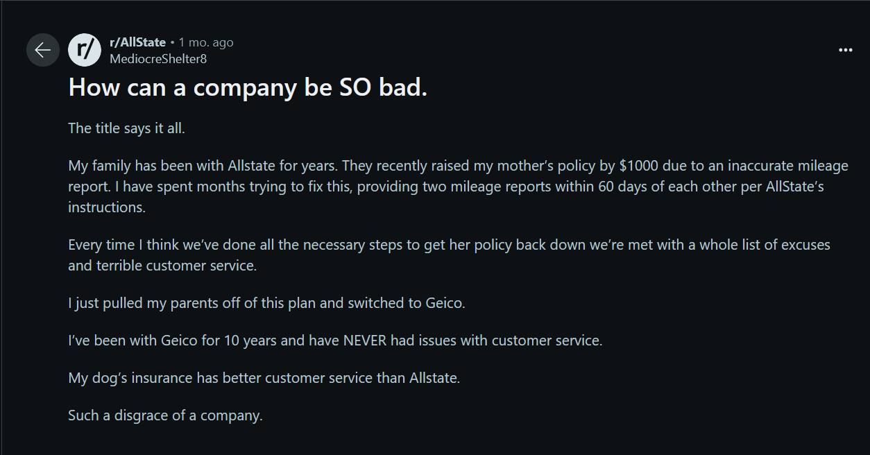 Reddit screenshot: Allstate auto insurance review