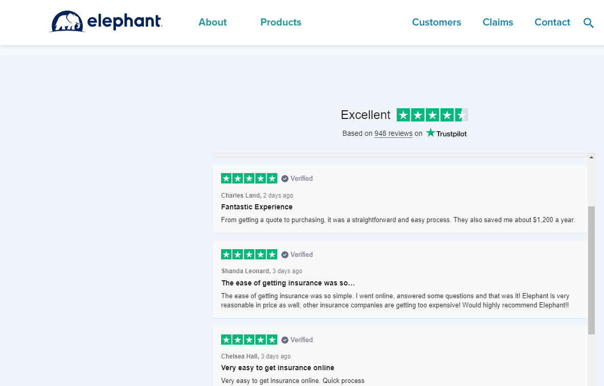 Elephant Auto Insurance Review: Company Site Screenshot