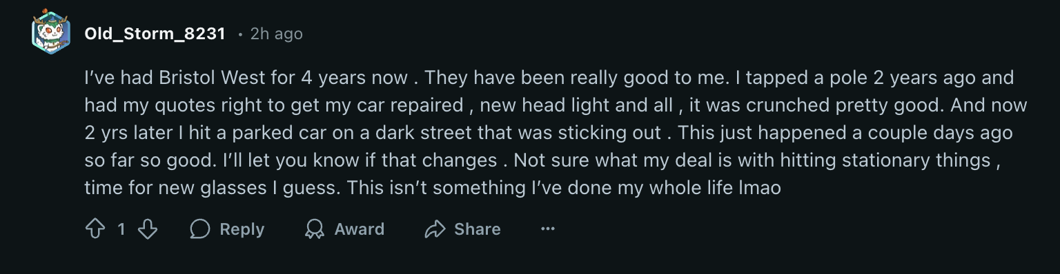 Reddit Screenshot: Bristol West Auto Insurance Review 