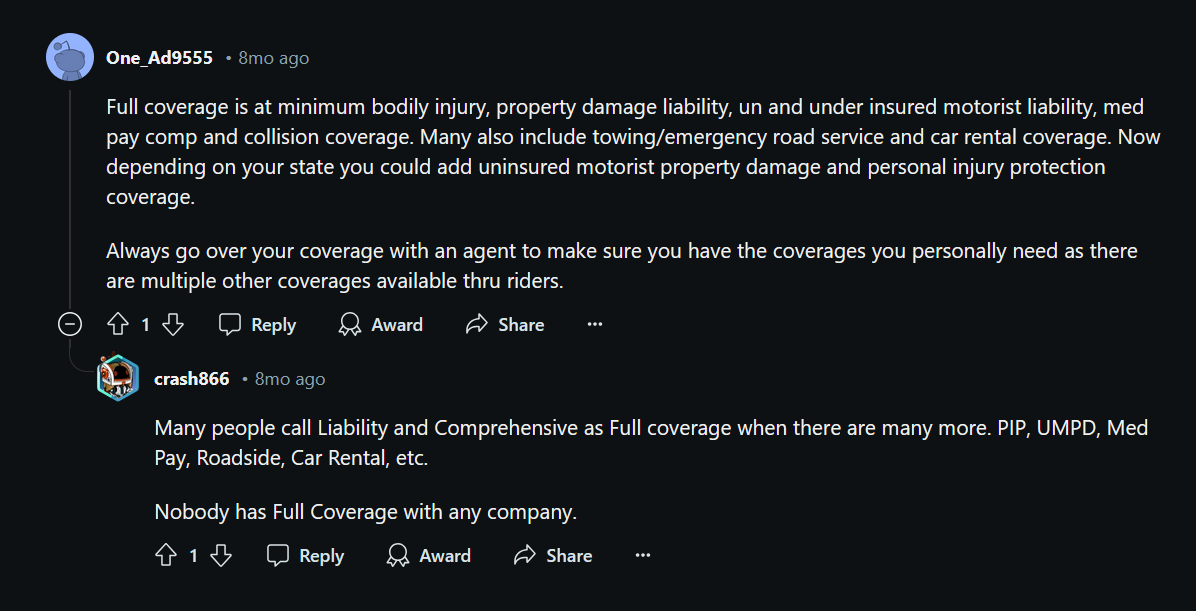 Reddit screenshot: collision vs. comprehensive auto insurance