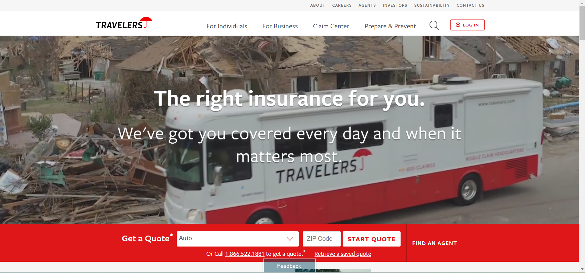 Travelers Site Screenshot: Best Windshield Replacement Coverage in Kansas