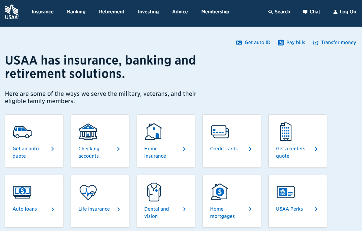 How to Choose an Auto Insurance Policy: USAA homepage screenshot