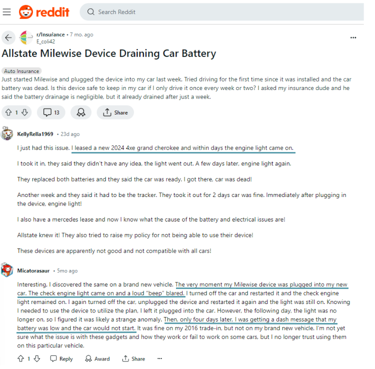 Allstate Milewise Review: Reddit Screenshot