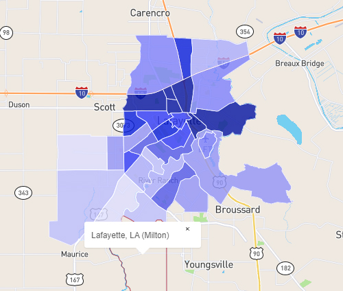 Map of Lafayette, Louisiana Safest Neighborhoods