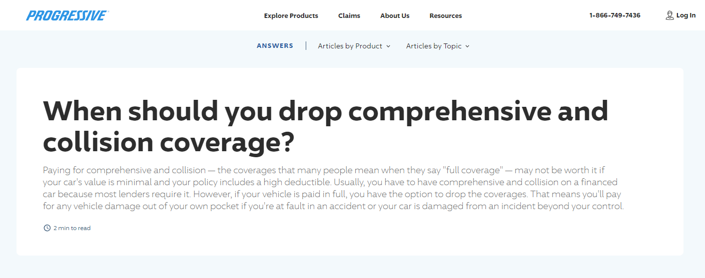 Comprehensive Auto Insurance Explained: Progressive Site Screenshot