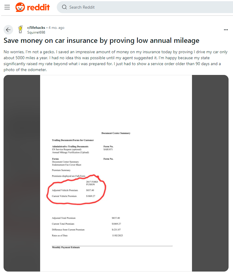 How Annual Mileage Affects Your Auto Insurance Rates: Reddit Screenshot