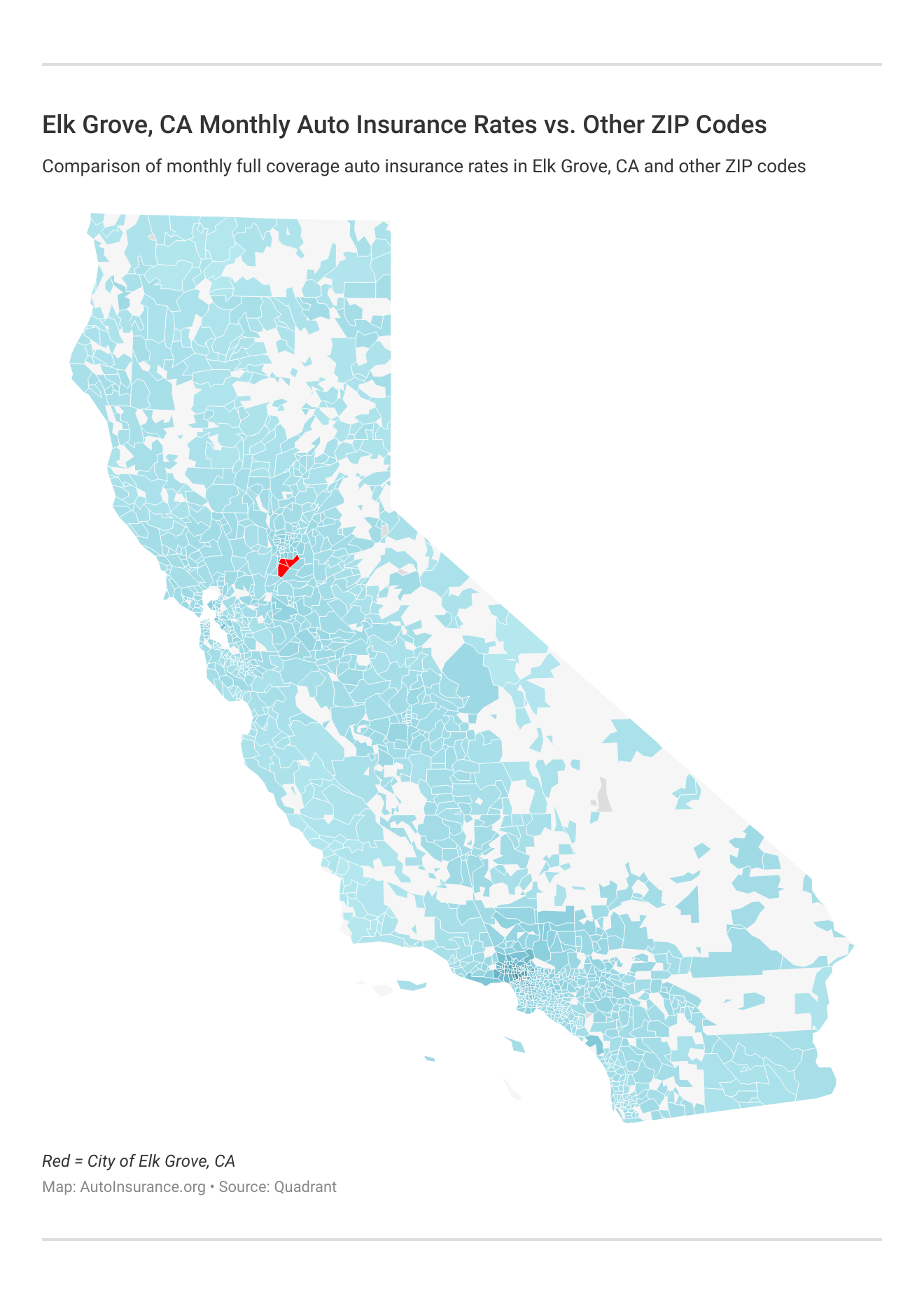 Elk Grove, CA Monthly Auto Insurance Rates vs. Other ZIP Codes