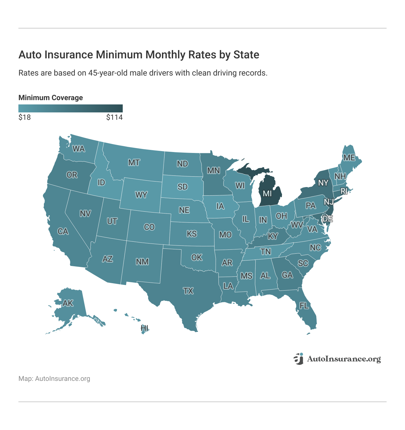 <h3>Auto Insurance Minimum Monthly Rates by State</h3>