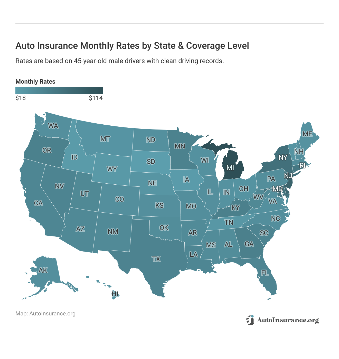 <h3>Auto Insurance Monthly Rates by State & Coverage Level</h3>