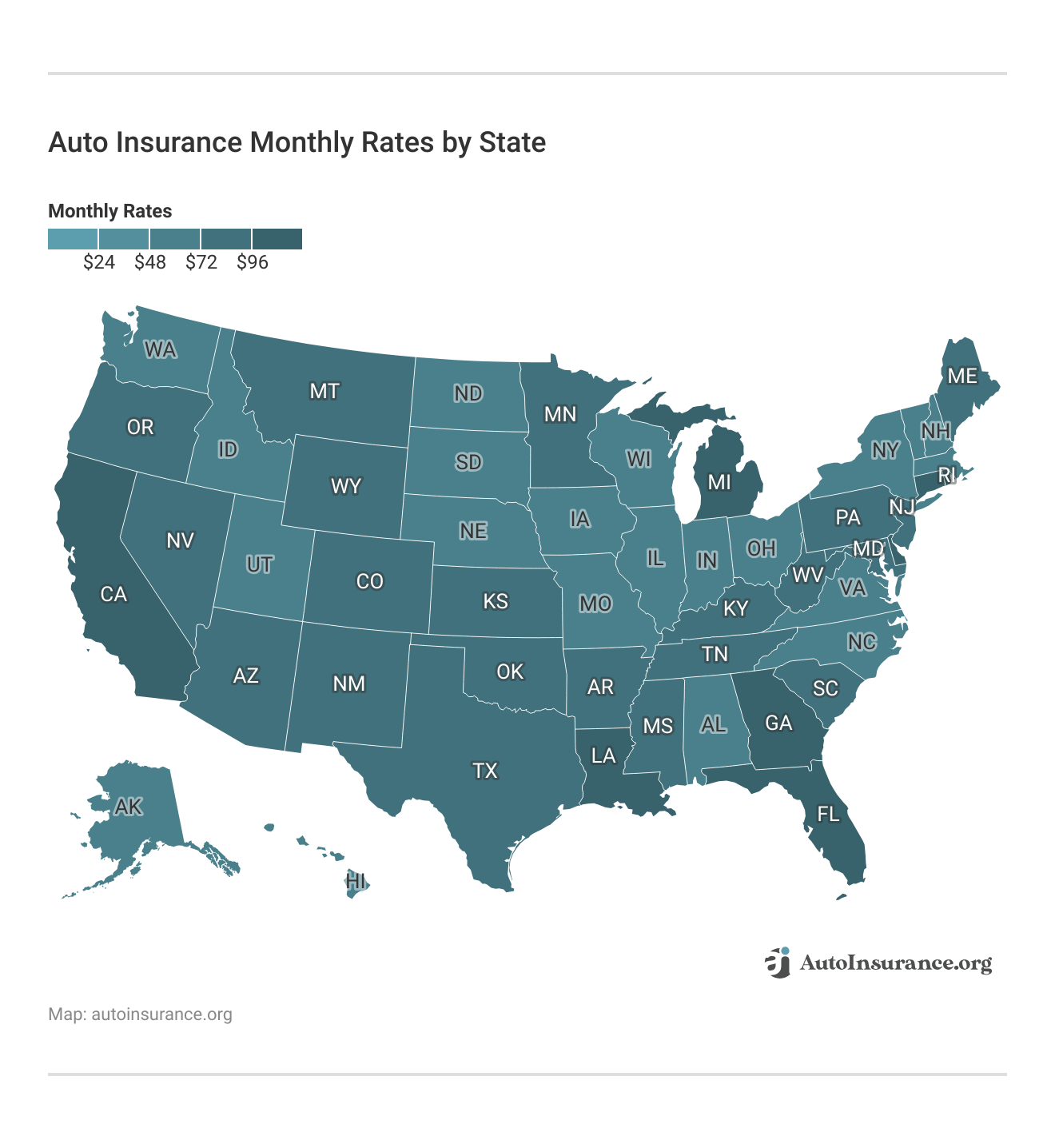<h3>Auto Insurance Monthly Rates by State</h3>