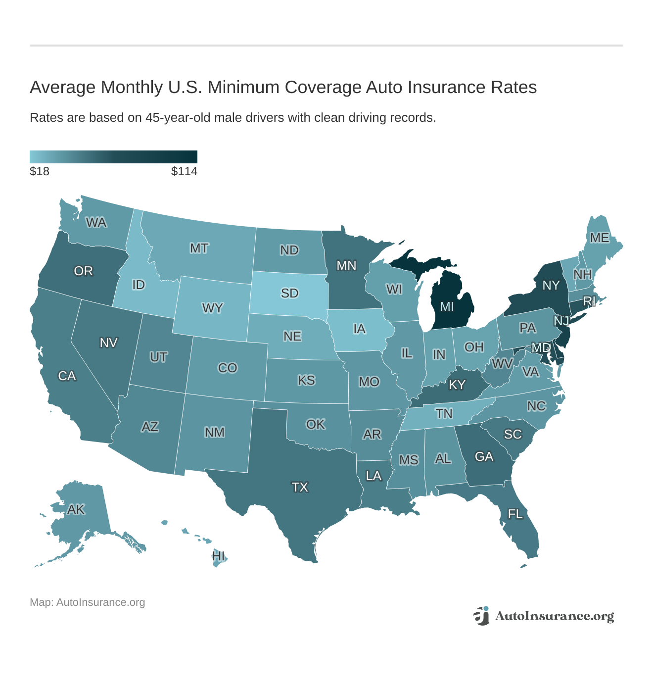 <h3>Average Monthly U.S. Minimum Coverage Auto Insurance Rates</h3>