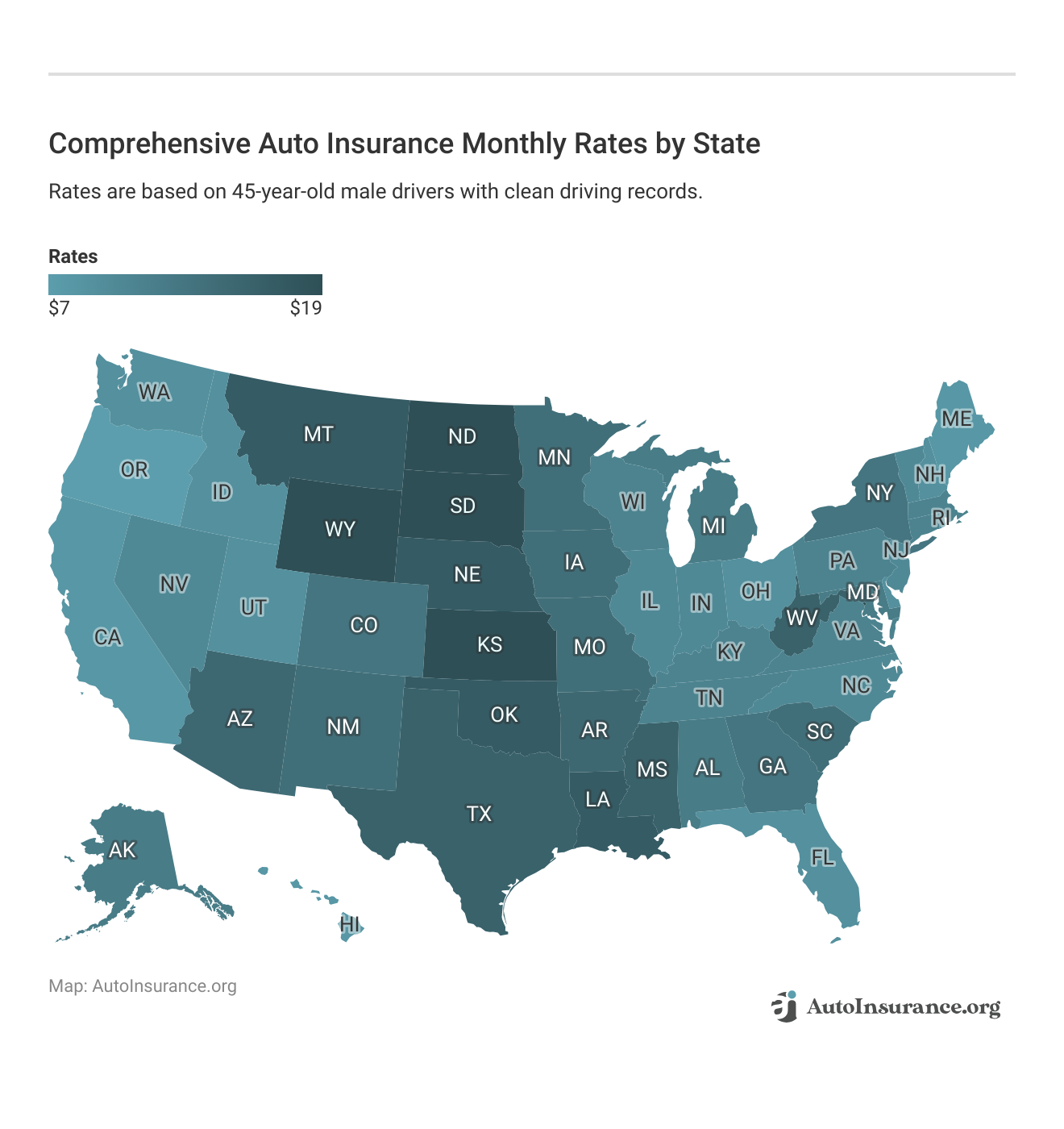 <h3>Comprehensive Auto Insurance Monthly Rates by State</h3>