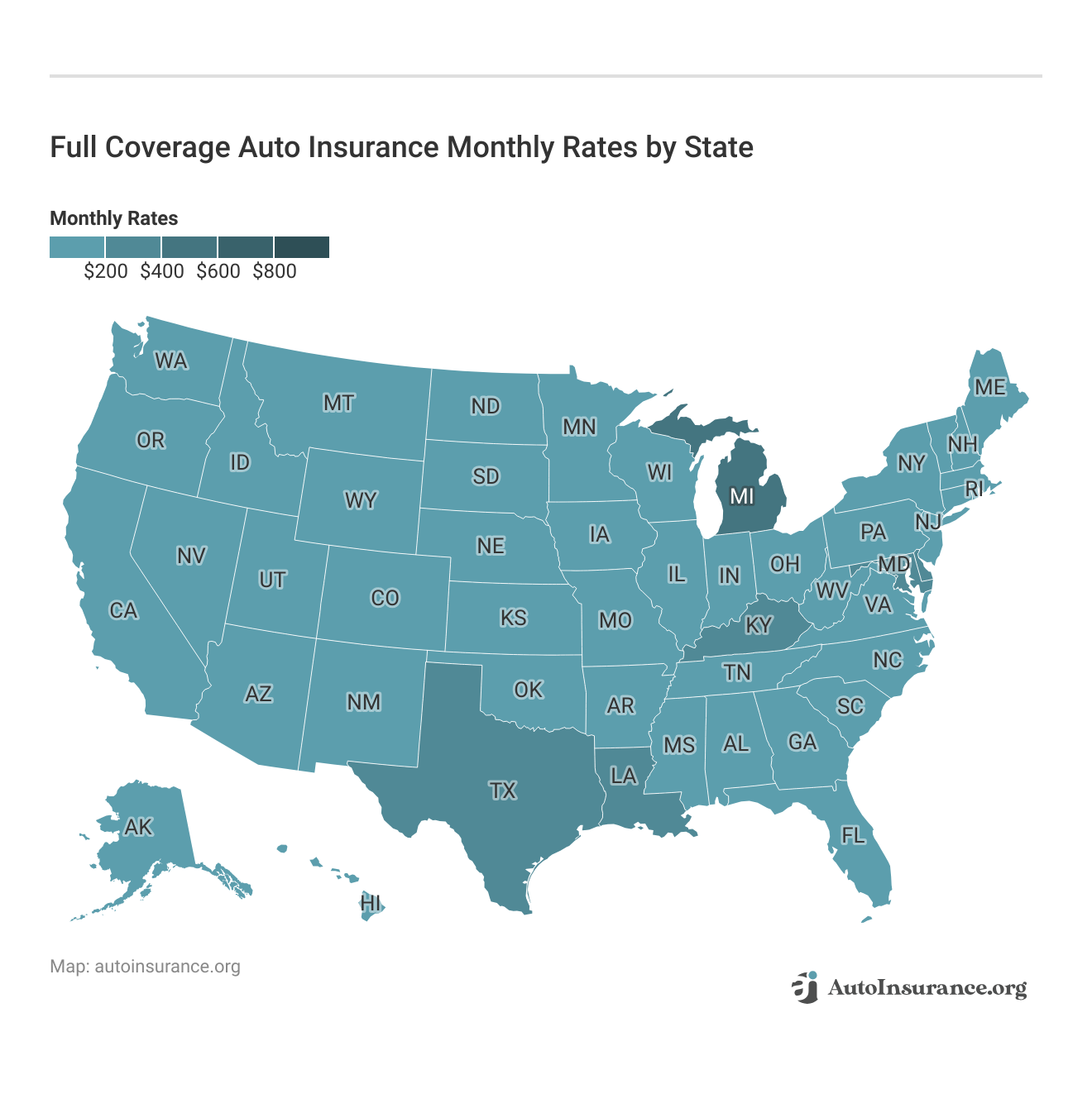 <h3>Full Coverage Auto Insurance Monthly Rates by State</h3>