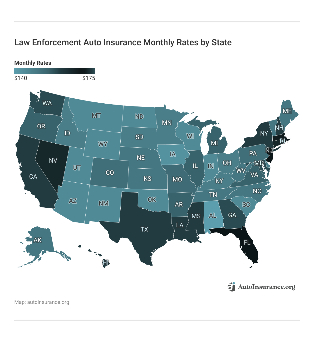 <h3>Law Enforcement Auto Insurance Monthly Rates by State</h3>
