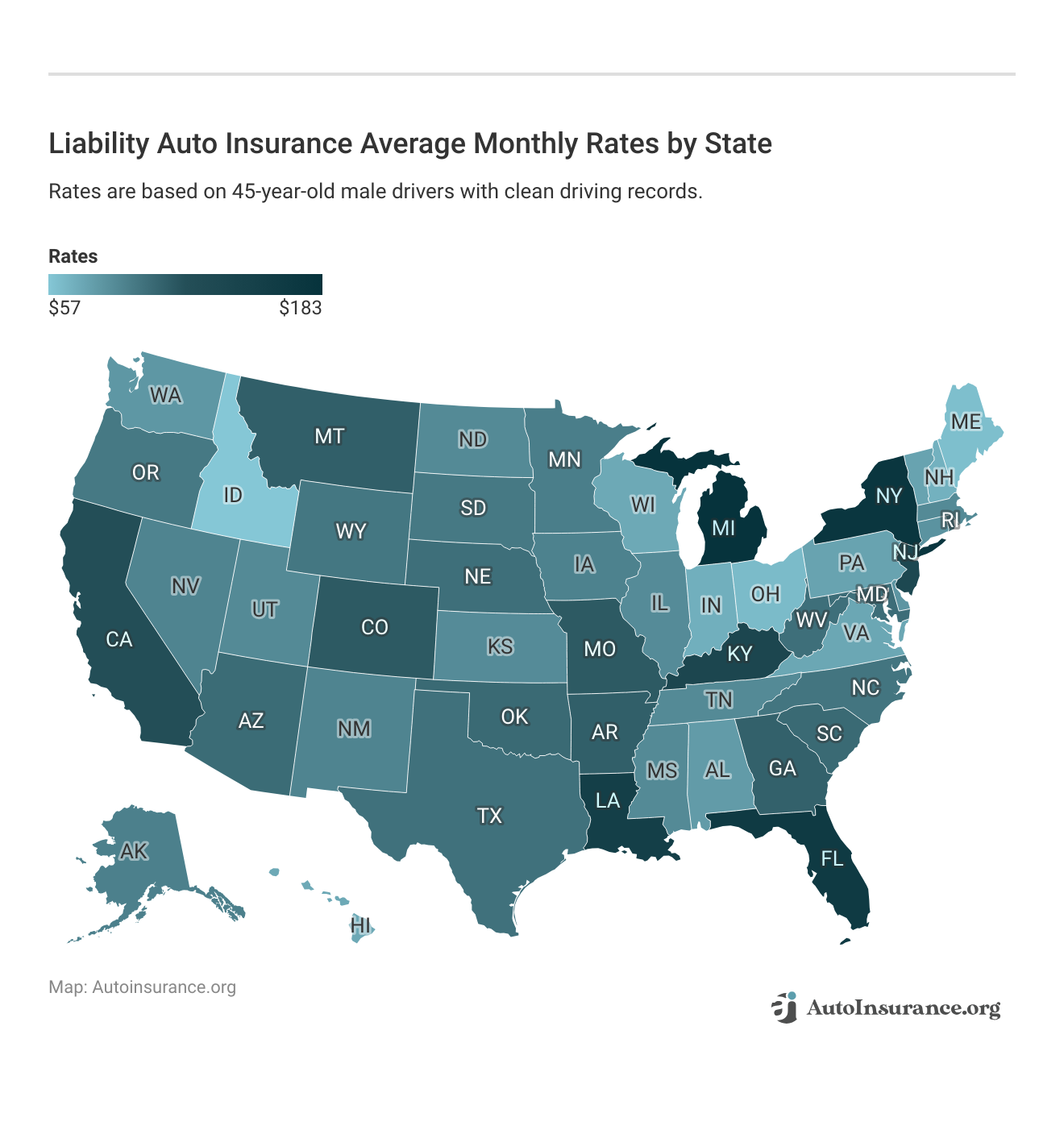 <h3>Liability Auto Insurance Average Monthly Rates by State</h3>