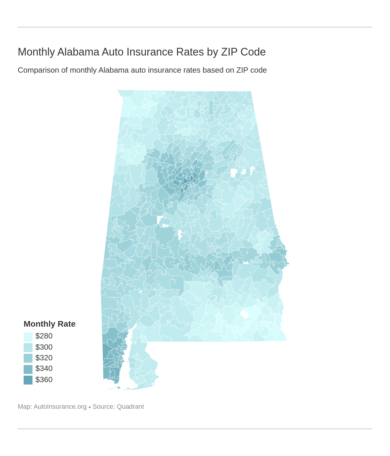 Monthly Alabama Auto Insurance Rates by ZIP Code